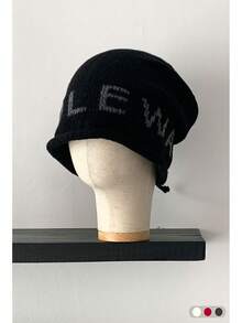 Letter Knitted Cuffed Beanie Hat For Women, Autumn/Winter, Fashionable, Face-Slimming, Large Head Circumference, Cold-Proof, Simple, Versatile, Ear-Warming, Knitted Hat With Plaid Ruffle, Grey - Multicolor - View 19