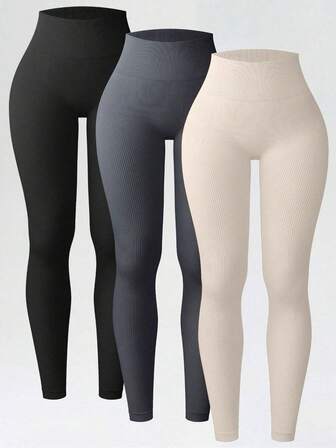 3pcs Seamless Ribbed Leggings, Outdoor Sports Yoga Pants, Workout Base Layer Tights, Stretchy & Versatile For Gym, Outdoor Casual Wear
