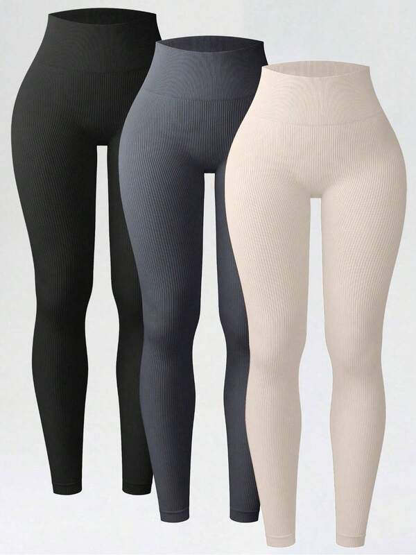 3 piezas Leggings acanalados sin costuras, pantalones de yoga para deportes al aire libre, mallas de capa base para entrenamiento, elásticos y versátiles para gimnasio, uso casual al aire libre