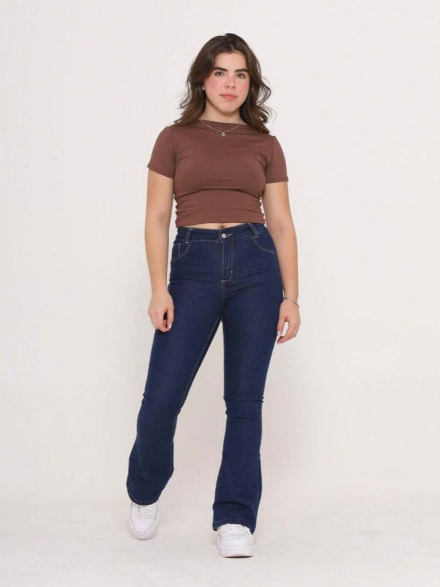 Girls' Flare Jeans, Ballerina School Pants, Cotton Denim, Sizes 10 To 16 - Azul lavado oscuro - Ver 1