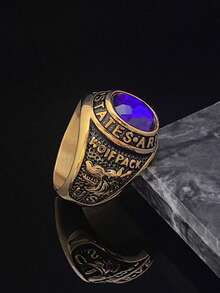 高品质手工18K镀金男士316不锈钢蓝宝石毕业戒指 - 藍色 - 查看 1