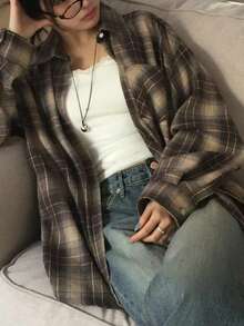 女士秋冬新品畅销休闲复古舒适棉质格子长袖外套 - 咖啡棕 - 查看 7