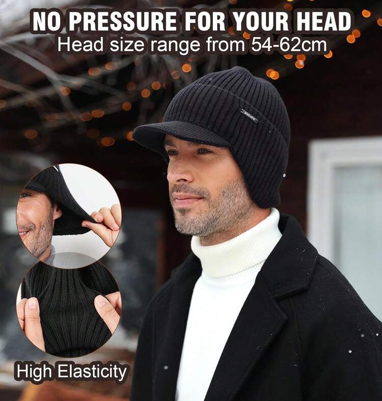 Men & Women Fluorescent Green Beanie with Brim and Ear Flaps Fleece-Lined Hat WMCAPS Winter Beanie with Brim & Ear Flaps, Fleece Lined Hat  main image 2