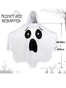 1pc Mid-Length Loose Breathable Moisture-Wicking Hooded Black & White Ghost Cloak Costume, Halloween Stage Performance White Cloak With Ghost Face Decoration, Funny Ghost Robe Outfit