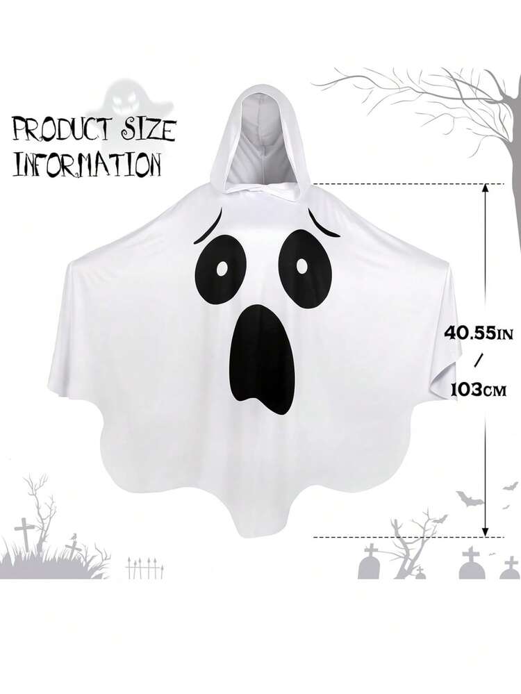 1 件中长款宽松透气吸湿排汗连帽黑白鬼斗篷服装，万圣节舞台表演白色斗篷带鬼脸装饰，搞笑鬼袍服装 - 白色 - 查看 6