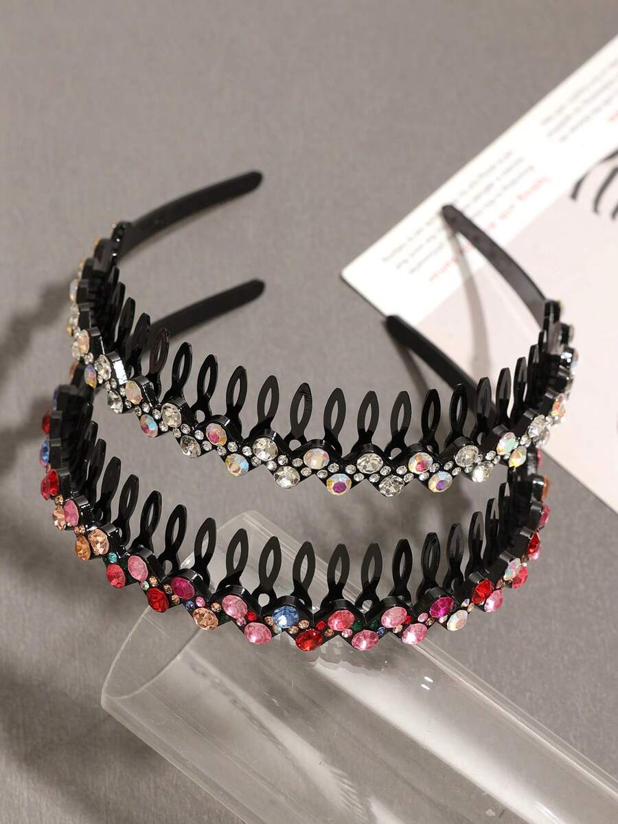 2件套彩色水晶装饰女士长齿发箍，发带，女士发饰头饰