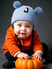 1 pieza Gorro de punto grueso de unicolor con 26 letras para niños pequeños, gorros de calavera cálidos para niños, gorros de punto cálidos para bebés para interiores y exteriores - Azul - Ver 2