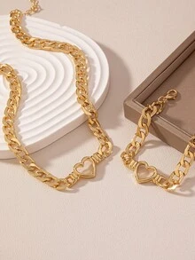 简约心形镂空锁骨链手链一套（不含礼盒） - 金黃色 - 查看 2