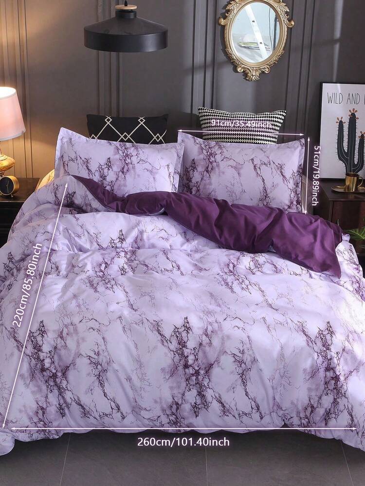 3pcs Quilt Cover Set, Granite/Marble Pattern, Purple/Gray Color Optional. Set Includes: 1pc Duvet Cover With 4 Corner Ties & Zipper, 2pcs Pillow Shams (Without Pillow Inserts). Suitable For Travel, Hotel Or Home Use, Full Size - Purple - View 17