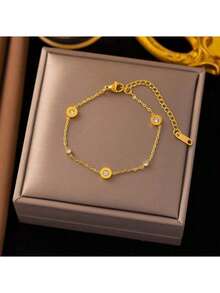 1pc Gold-Tone Stainless Steel Cubic Zirconia And Roman Numeral Charms Beaded Bracelet For Vintage, Fashionable And Personalized Style Suitable For Women, Couple, Streetwear, Daily Wear, Work, Party And Any Occasions