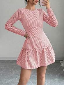 minisummmer Đầm dài tay cổ tròn dáng ôm màu đỏ sọc kẻ, viền bèo nhún, thanh lịch dành cho nữ, kiểu dáng tôn dáng, phù hợp cho tiệc cocktail lễ Phục sinh. - Đỏ và trắng - Xem 5