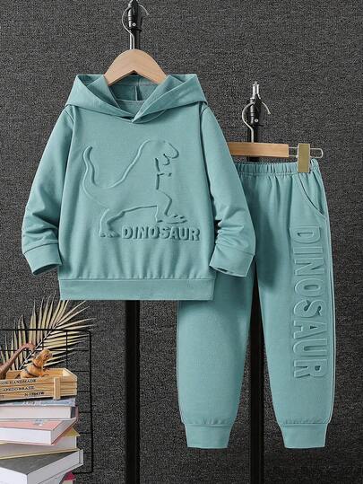 2 件套男童休闲 3D 恐龙图案连帽卫衣和裤子套装，春秋