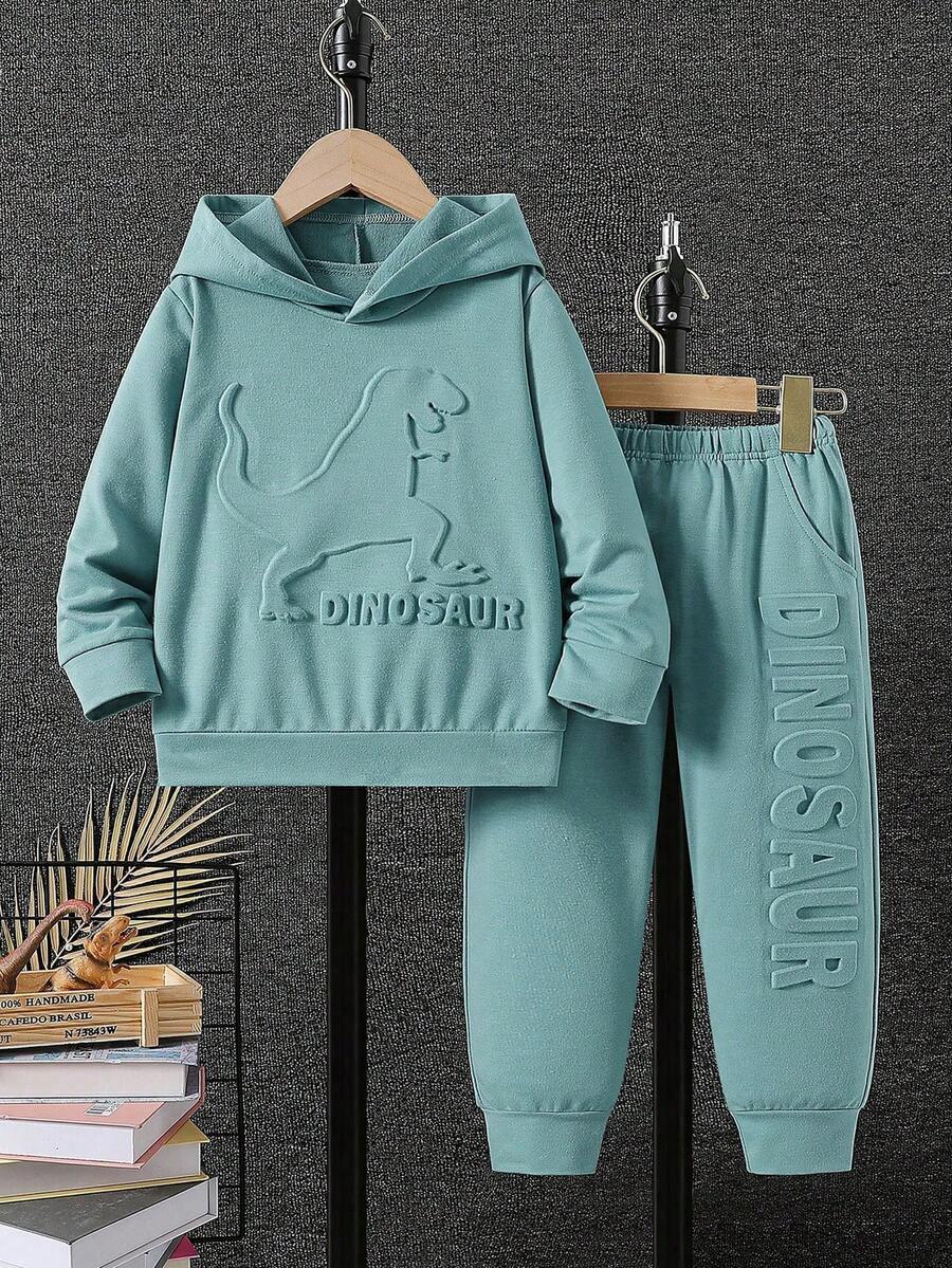 2pcs Young Boy Casual 3D Dinosaur Pattern Hooded Sweatshirt And Pants Set, Spring/Autumn - Baby Blue - View 1