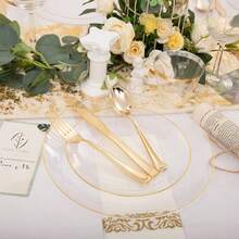 350PCS Clear And Gold Plastic Dinnerware Set, Plastic Plates For Party Include Disposable Plates, Gold Plastic Silverware Heavy Duty, Cups And Napkins Disposable To 50 Guest For Party, Wedding, Birthday - Vàng trong suốt - Xem 5