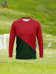 Dziecięca koszulka piłkarska Portugalii w kolorze czerwono-zielonym z długim rękawem i blokami kolorów Ronaldo | Możliwość personalizacji imienia, numeru i logo | Materiał odprowadzający wilgoć i oddychający | Idealny na ligi młodzieżowe, drużyny szkolne, treningi i mecze, prezenty na Halloween, Święto Dziękczynienia, Boże Narodzenie i Nowy Rok