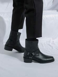 Giày bốt Chelsea nam kiểu retro, bốt màu trơn, bốt cổ thấp, bốt cao bồi thời trang cổ trung, bốt động mũi vuông kiểu châu Âu và Mỹ có khóa kéo bên hông, bốt da. - màu đen - Xem 5