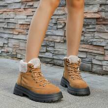 1双女士优雅时尚靴子，铆钉欧式别致骑马靴，套穿式，厚底坡跟，舒适保暖，适合秋冬季节，带毛绒靴 - 棕色 - 查看 14