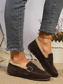 Women's -On Loafers With Thermal Lined, Metal Buckle Decor, Flat Casual Winter Moccasins