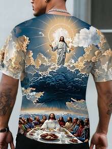 Men's Casual Jesus Print Round Neck Short Sleeve T-Shirt, Summer - Multicolor - View 4