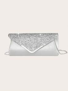 4 件套水钻首饰套装金色闪亮项链耳环手链套装女士晚礼服手拿包新娘婚礼贝壳优雅信封包女士球与可拆卸金属链婚礼和派对女士单肩包女士包女士手提包多功能闪光手提包鸡尾酒会婚礼新款钱包宴会包 - 銀色 - 查看 5