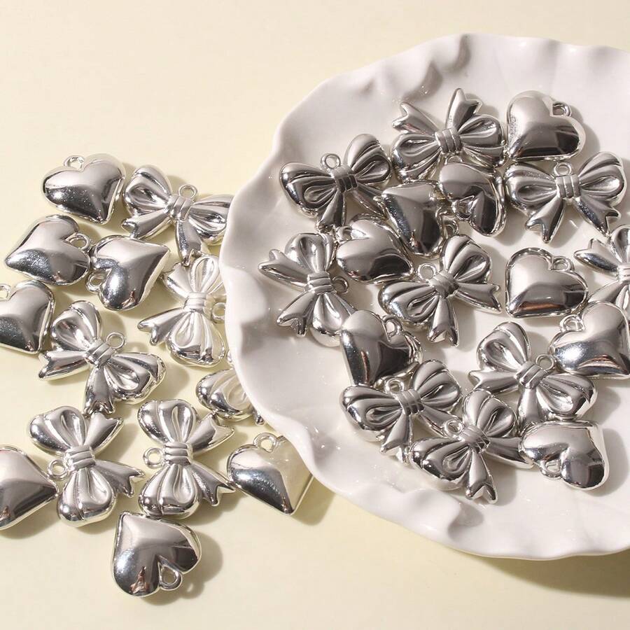 10个优雅银色蝴蝶结心形配件，手工DIY珠宝材料，可用于制作手链、项链、吊坠、钥匙扣等，创意手工装饰配件 - 彩色 - 查看 1