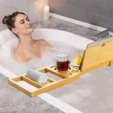 Khay bồn tắm có thể gập lại, Giá để đồ bồn tắm, Khay bồn tắm bằng tre, Khay bàn tắm có thể mở rộng, Phụ kiện phòng tắm bồn tắm Quà tặng sinh nhật Halloween cho ngôi nhà mới - cây tre - Xem 5