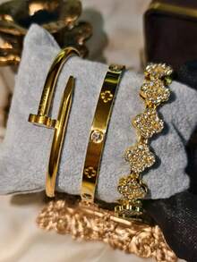 4pcs Luxury Stainless Steel Rhinestone Clover & Star Bangle Bracelet Set, Vintage Elegant Jewelry Suit For Women, Suitable For Daily Wear, Gift, Party, Fashionable Christmas Present - Gold - View 19