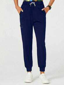 cimmuovere Pantalones de trabajo de cintura alta ajustados - Diseño de múltiples bolsillos - Pantalones delgados y transpirables - Bolsillos con cremallera lateral - Dobladillo elástico - Azul Marino - Ver 6