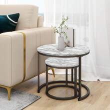 SG Traders Round Nesting Coffee Table Set - Wooden Nest Of Tables, Stackable Round Coffee Table For Living Room, Industrial, Stylish Nested Tables - Set Of 2 (Rustic Wood) - White Marble Effect - View 2