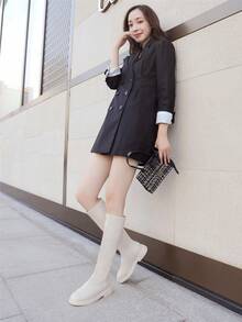 Botas altas elásticas negras planas de otoño/invierno 2025, botas de montar de talla grande con suela blanda y ajuste ceñido, botas de caña alta - Blanco - Ver 3