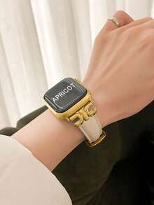 Huastonband 時尚設計師 D 字金色金屬裝飾軟棕色錶帶，適用於 Ultra 2 1 SE S9 8 7 6 5 4 3 2 1 系列，男女通用替換智慧手錶腕帶 38mm 40mm 41mm 42mm 44mm 45mm 49mm - 杏色 - 查看 9