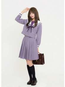 1pc Sweet & Innocent Japanese School Girl Style Outfit, Includes Bowknot Collar Blouse & Skirt, Suitable For Cosplay, Conventions, Photoshoots, Casual Wear