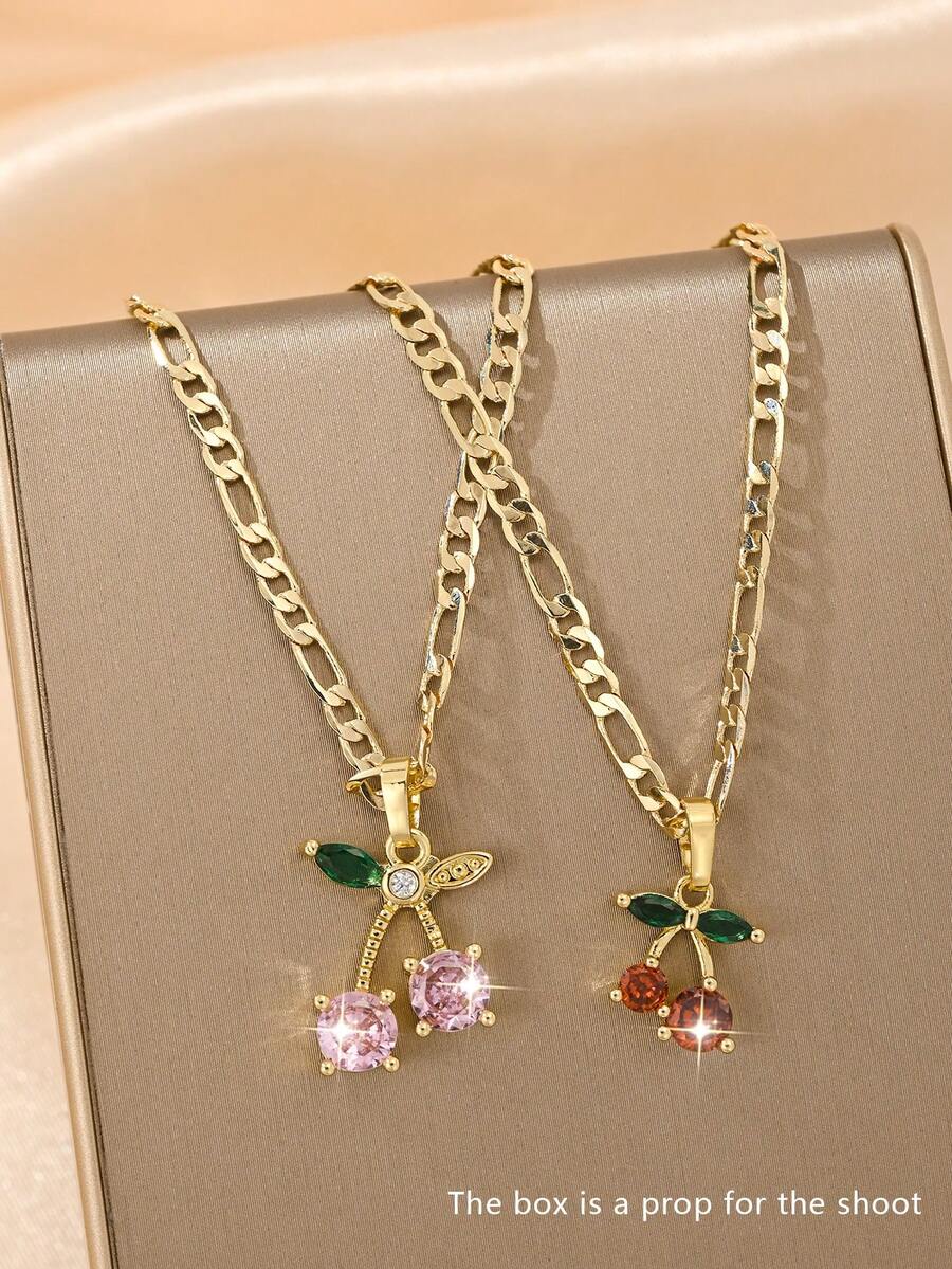 1 Exquisite And Elegant Shiny Small Red Cherry & Large Pink Cherry Copper Pendant Copper Inlaid Zirconia Necklace, Suitable For Giving To Girls/Boys/Family/Friends/Versatile/Light Luxury/Party/Banquet/Festival/Christmas/Thanksgiving/Halloween/Gift