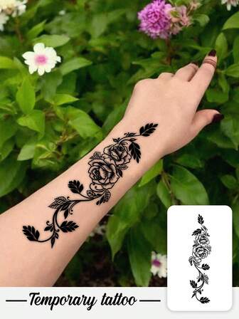 Naklejka z henny z okazji Walentynek, wodoodporna i odporna na pot, czarna różana henna w kształcie pnącza, żywy i modny sztuczny tatuaż na paznokcie, sztuczny tatuaż roślinny - tymczasowy tatuaż - popularny i odpowiedni na urodziny, wesela, dekoracje imprezowe, utrzymuje się od 3 do 5 dni.