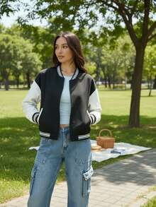 Jachetă Varsity pentru femei, toamnă și iarnă, jachetă bomber de baseball, haină exterioară în stil universitar cu fermoar alb-negru, jachetă casual la modă pentru fete