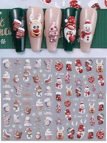 2张红色圣诞5D立体美甲贴纸，图案包括圣诞老人、雪人、雪花、球棒、帽子、围巾、靴子等节日元素，自粘式DIY美甲贴片，美甲用品，送给女性和女孩的礼物 - 彩色 - 查看 12