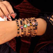 Spooky Pumpkin Polymer Clay Charm Bracelet - Halloween Party Series Beaded Strand Bracelet With Pendant