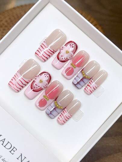 10 piezas/paquete, estilo europeo y americano con forma de uña de almendra, diseño de talla de flores tropicales 3D, color degradado pintado a mano tipo tie-dye con patrón de flor hexagonal tallada en tres dimensiones, uñas elegantes y de lujo hechas a mano, adecuadas para mujeres y niñas, estilo Y2K baddie, elegante y reutilizable.