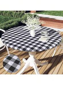 Smiry Round Picnic Table Cloth, Elastic Waterproof Fitted Vinyl Tablecloth 36-44 Tables, Flannel Backed Buffalo Plaid Table Covers Dining, Camping, Outdoor, Black And White Summer Birthday Gifts Wedding Beach Back To School School Supplies Room Decor