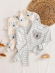 Set de 4 piezas de pijama de manga larga con estampado de rayas y animales para niños, de tela suave y cómoda, apto para uso diario - Rosa - Ver 3