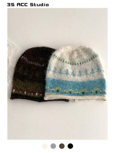 1pc Autumn/Winter Atmosphere Oversized Jacquard Knit Beanie, Handmade Thick Knitted Warm Slouchy Hat, Unisex Ear Warmer Baggy Soft Fuzzy Knitted Cap