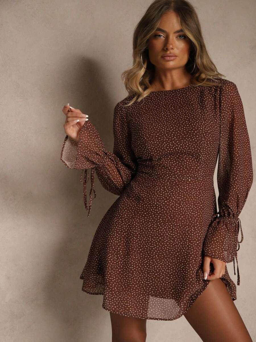 Vices Polka Dot Puff Sleeve Flared Dress - Brown - View 1