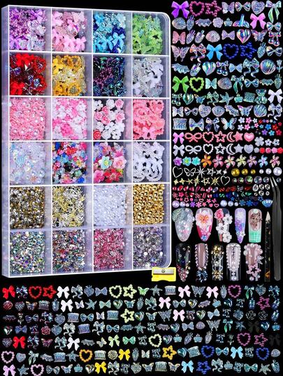 24 Grid Nail Charms, Nail Art Kit With Multi Shapes Nail Charms And Gems, Flatback AB Nail Rhinestones, Colorful 3D Hawaii Flowers Nail Jewels Clear White Pink Gold Pearls Flatback Resin Jelly Rhinestones And Gems For DIY Nail Design Crafts Make Up