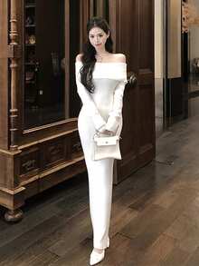 Sexy Tight Off Shoulder Bodycon Mini Dress, Stretchy Knitted Long Sleeve Slim Fitted Dress - White - View 3