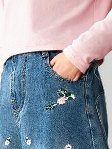 ASK JUNIOR Tween Girls' Casual Embroidered Floral Wide Leg Jeans - Dark Wash - View 6
