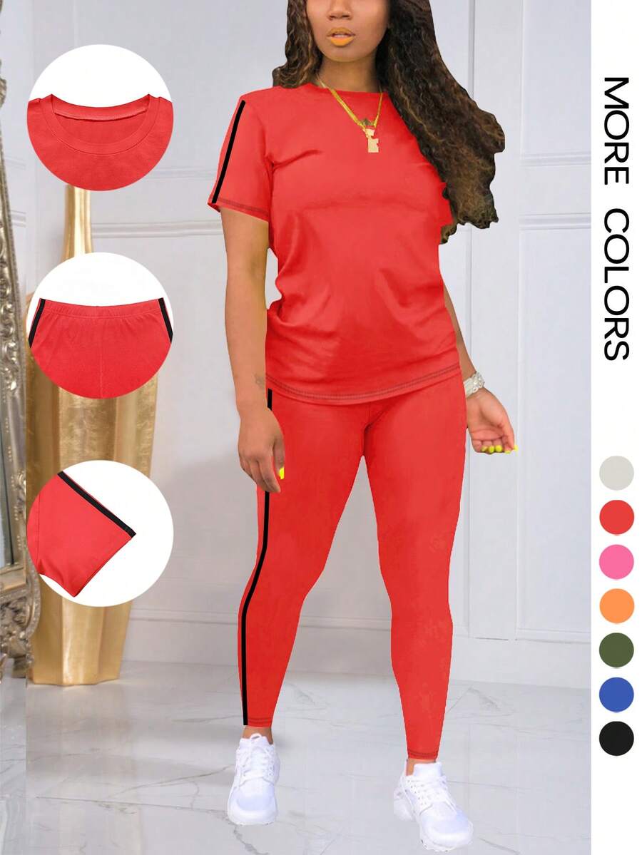 2pcs/Set Striped Round Neck Short Sleeve Sports Top And Bottoms Suit - Red - View 1