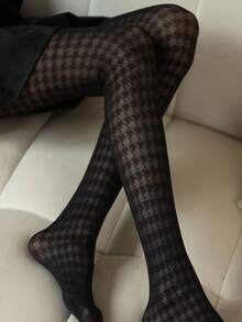 1 件套黑色千鸟格透视紧身裤，适合夏季 JK 风格性感热销 INS 明星风格连裤袜，适合女性 - 黑色 - 查看 2