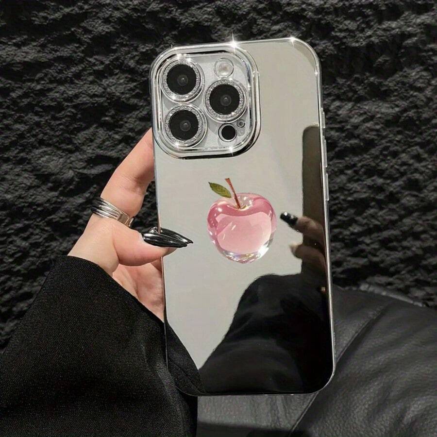 Crystal Apple Transparent Mirror Phone Case For IPhone 17 Air/16 15 14 13 12 Pro Max/17 16 15 14 Plus 13 12 11pro Protective Case With Glitter Lens Protection And Makeup Mirror, Drop-Resistant And Durable, Beautiful And Gorgeous - 銀色 - 查看 1