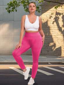 Women's Plus Size Leggings With Pockets-Stretchy XL-5XL Yoga Pants Tummy Control High Waist Workout Leggings Spring Sports Fall - Hot Pink - View 4