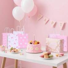 6/12/30 piezas Bolsas de regalo con tema de lazos rosas - Elegantes bolsas de papel con asas, adecuadas para bodas, despedidas de soltera, cumpleaños y ocasiones especiales, decoradas con lazos, estrellas y patrones geométricos en tonos rosas, ideales para obsequios de fiesta de boda | Bolsas con asas resistentes, bolsas de recuerdo para despedida de soltera, decoraciones para fiesta de Navidad - Multicolor - Ver 4
